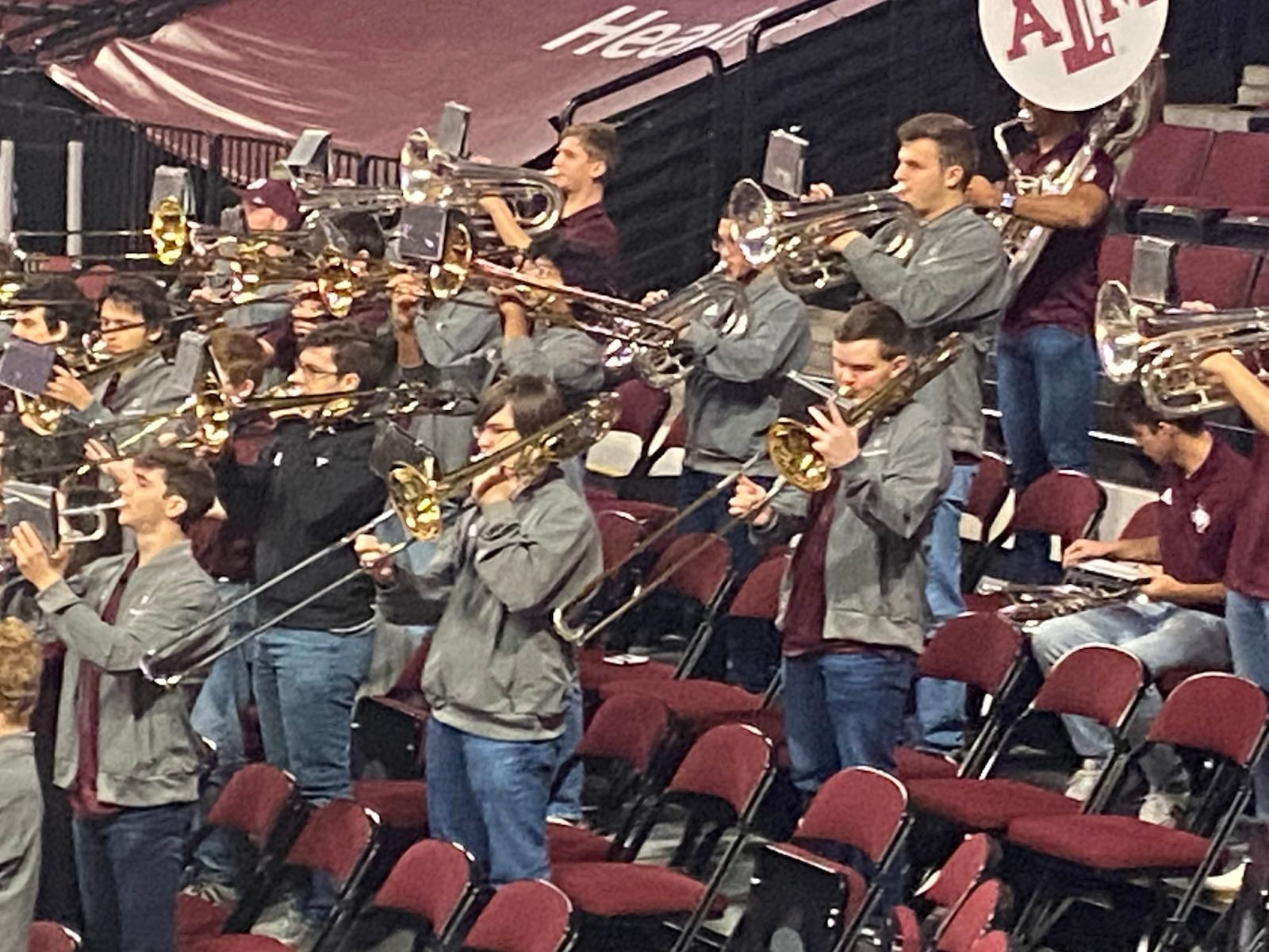 Me playing the trombone in the Hullabalo Band at a Men's Basketball game.